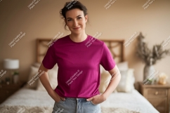 Woman wearing magenta t-shirt and denim Product Image 1