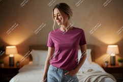 Woman wearing plum t shirt and denim jeans Product Image 1