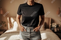 Black t shirt denim shorts mockup image Product Image 1