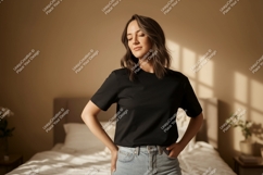 Woman wearing black t-shirt denim jeans Product Image 1