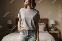 Woman wearing grey t shirt denim shorts Product Image 1
