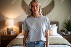 Woman wearing grey t shirt mockup Product Image 1