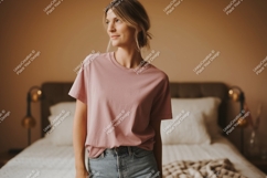 Woman wearing pink t shirt and denim jeans image Product Image 1