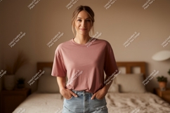 Woman wearing pink t shirt and denim shorts image Product Image 1