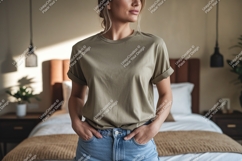 Woman wearing olive green t shirt and denim shorts Product Image 1