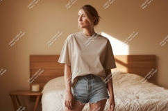 Woman wearing beige t-shirt denim shorts image Product Image 1