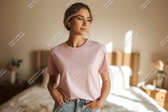 Woman wearing pink t shirt and jeans image Product Image 1
