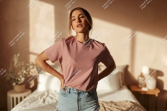 Woman wearing pink t shirt and denim shorts image Product Image 1