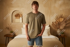 Man wearing olive t shirt and denim shorts image Product Image 1