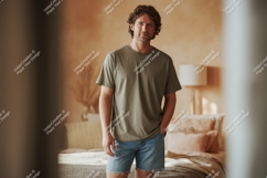 Man wearing olive green t shirt and denim shorts image Product Image 1