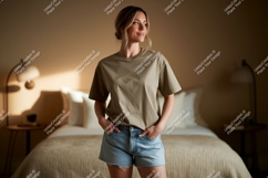 Woman wearing casual outfit in bedroom mockup Product Image 1