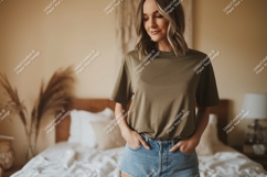 Woman wearing plain olive green t shirt and denim shorts Product Image 1