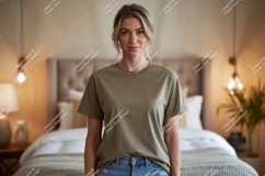 Woman wearing olive green t shirt image Product Image 1