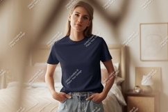 Woman wearing navy t-shirt and denim jeans Product Image 1