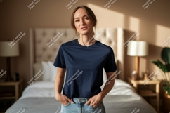 Woman wearing navy blue t shirt image Product Image 1