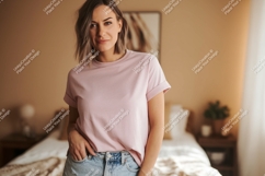 Woman wearing pink t shirt and denim shorts image Product Image 1