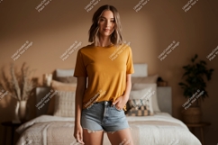 Woman wearing mustard yellow t shirt denim shorts image Product Image 1