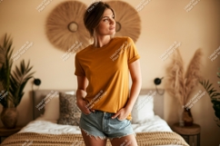 Woman wearing mustard t shirt and denim short Product Image 1