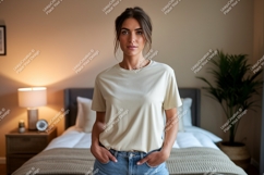 Woman wearing cream t shirt and denim jeans image Product Image 1