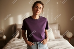 Woman wearing purple t-shirt and denim jeans image Product Image 1