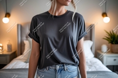 Dark grey t shirt on woman denim Product Image 1