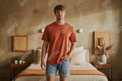 Man wearing terracotta t shirt denim shorts image Product Image 1