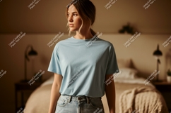 Woman wearing light blue t-shirt casual Product Image 1