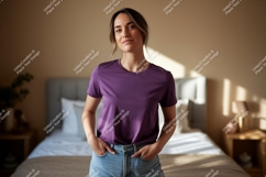Woman wearing purple t shirt and denim shorts image Product Image 1