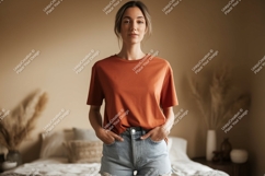 Woman wearing orange t shirt and denim shorts image Product Image 1