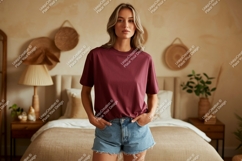 Woman wearing maroon t shirt denim shorts image Product Image 1