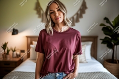 Woman wearing maroon t shirt and denim jeans image Product Image 1