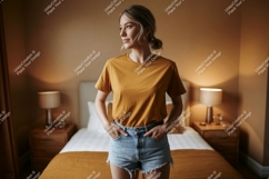 Woman wearing mustard t shirt denim shorts image Product Image 1