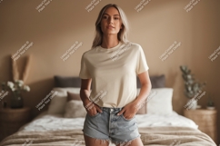 Woman wearing cream t shirt denim shorts image Product Image 1
