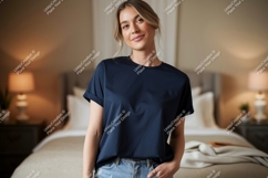 Woman wearing dark blue t shirt mockup Product Image 1