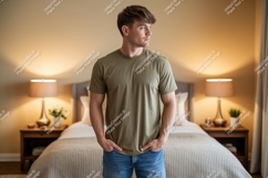 Man wearing olive green t-shirt and blue jeans Product Image 1