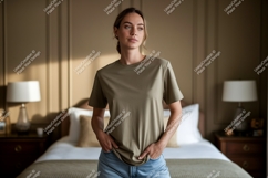 Woman wearing olive t shirt and denim image Product Image 1