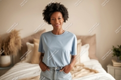 Woman wearing blue t shirt and denim t-shirt jeans Product Image 1
