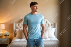 Man wearing blue t shirt and denim shorts image Product Image 1