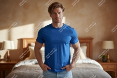 Man wearing blue t shirt in bedroom image Product Image 1