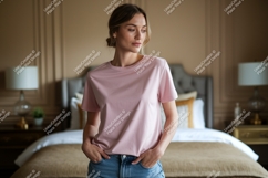 Woman wearing pink t shirt and jeans image Product Image 1