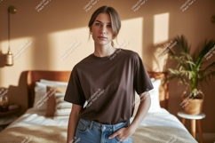 Woman wearing brown t shirt and jeans image Product Image 1