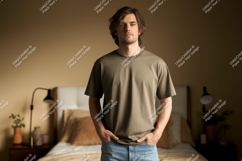 Man wearing olive t shirt and jeans image Product Image 1