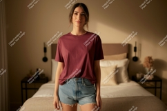 Woman wearing maroon t shirt and denim shorts t-shirt Product Image 1
