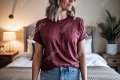 Woman wearing maroon t shirt and jeans image Product Image 1