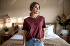 Woman wearing maroon t shirt and denim shorts image Product Image 1