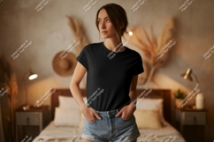 Woman wearing black t shirt and denim shorts image Product Image 1