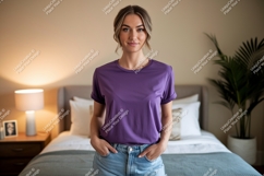 Woman wearing purple t shirt and denim shorts t-shirt Product Image 1