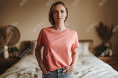 Woman wearing coral t shirt and denim image Product Image 1