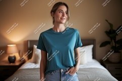 Woman wearing teal t shirt and jeans t-shirt indoor Product Image 1