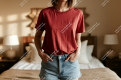 Woman wearing red t shirt denim shorts image Product Image 1